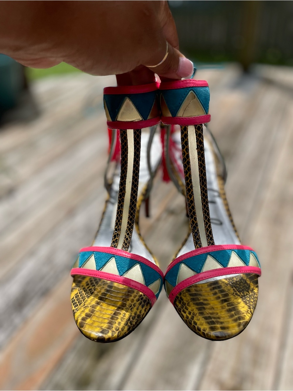 Sam Edelman statement shoes pink & Teal Tassel Ankle-Strap with 4 inch heel